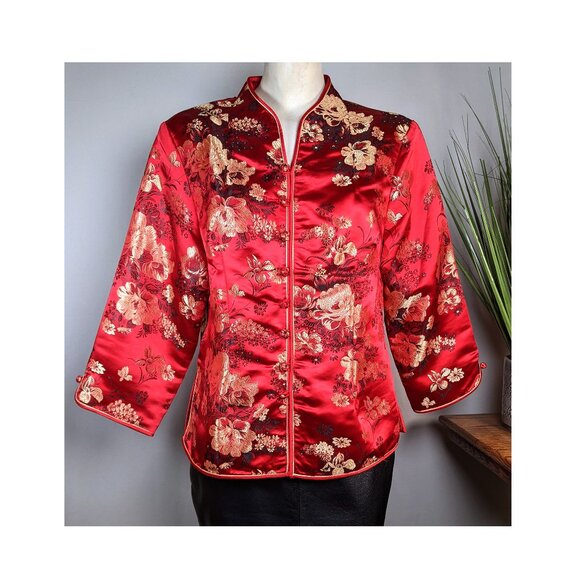 Satin Chinese Mandarin Top Long Sleeves XXL Embroidered Ruby Red Vintage - Picture 1 of 10